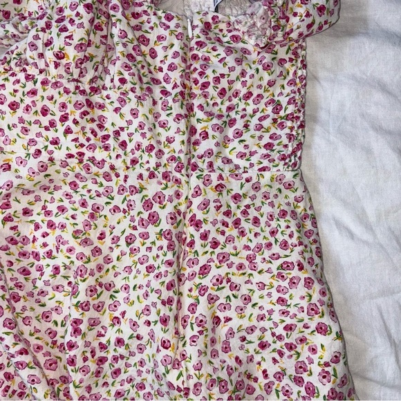 Zara SMALL Off The Shoulder Smocked Mini Dress Floral Linen Blend Cottagecore - Picture 5 of 7